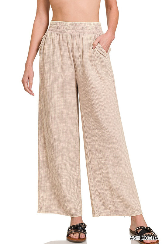 Double Washed Gauze Elastic Waist Pant-Ash Mocha