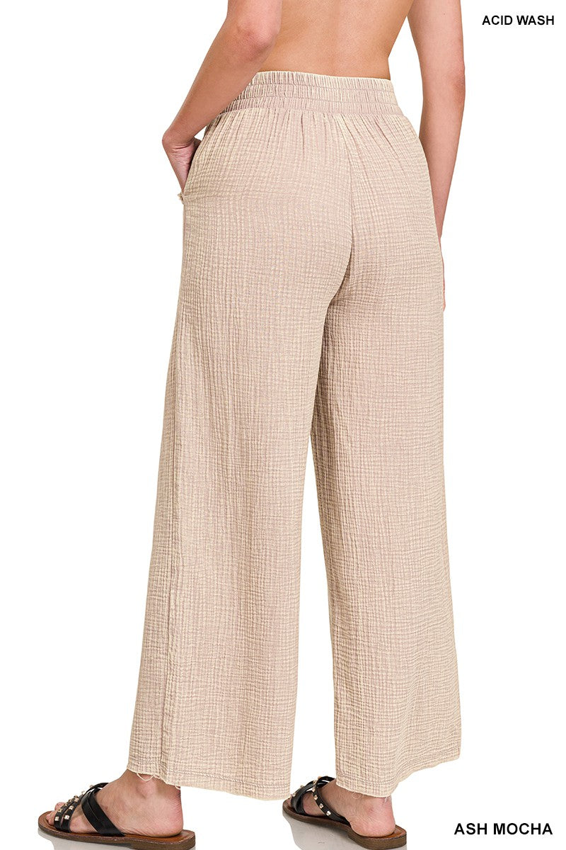 Double Washed Gauze Elastic Waist Pant-Ash Mocha