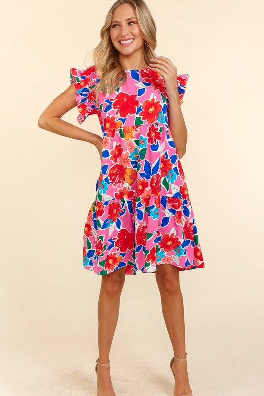 Floral Ruffle Sleeve Tiered Dress - Pink