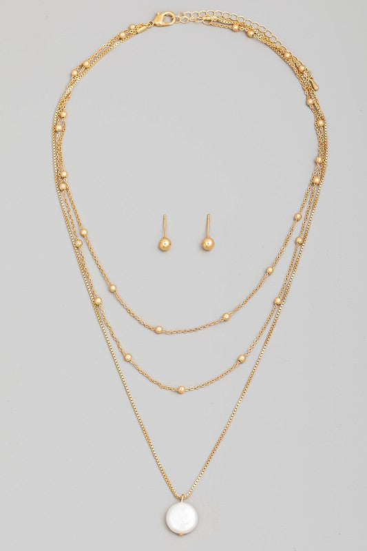 Coin Pearl Triple Layer Necklace-Gold