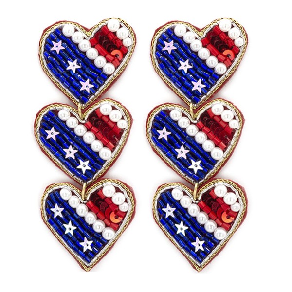 American Flag Sequin & Pearl Heart Drop Earring