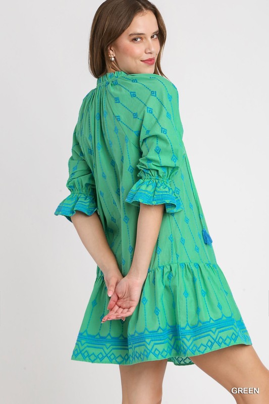 Embroidered Split Tie Neck Dress - Green