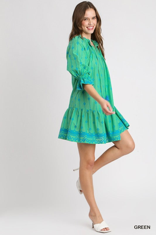 Embroidered Split Tie Neck Dress - Green