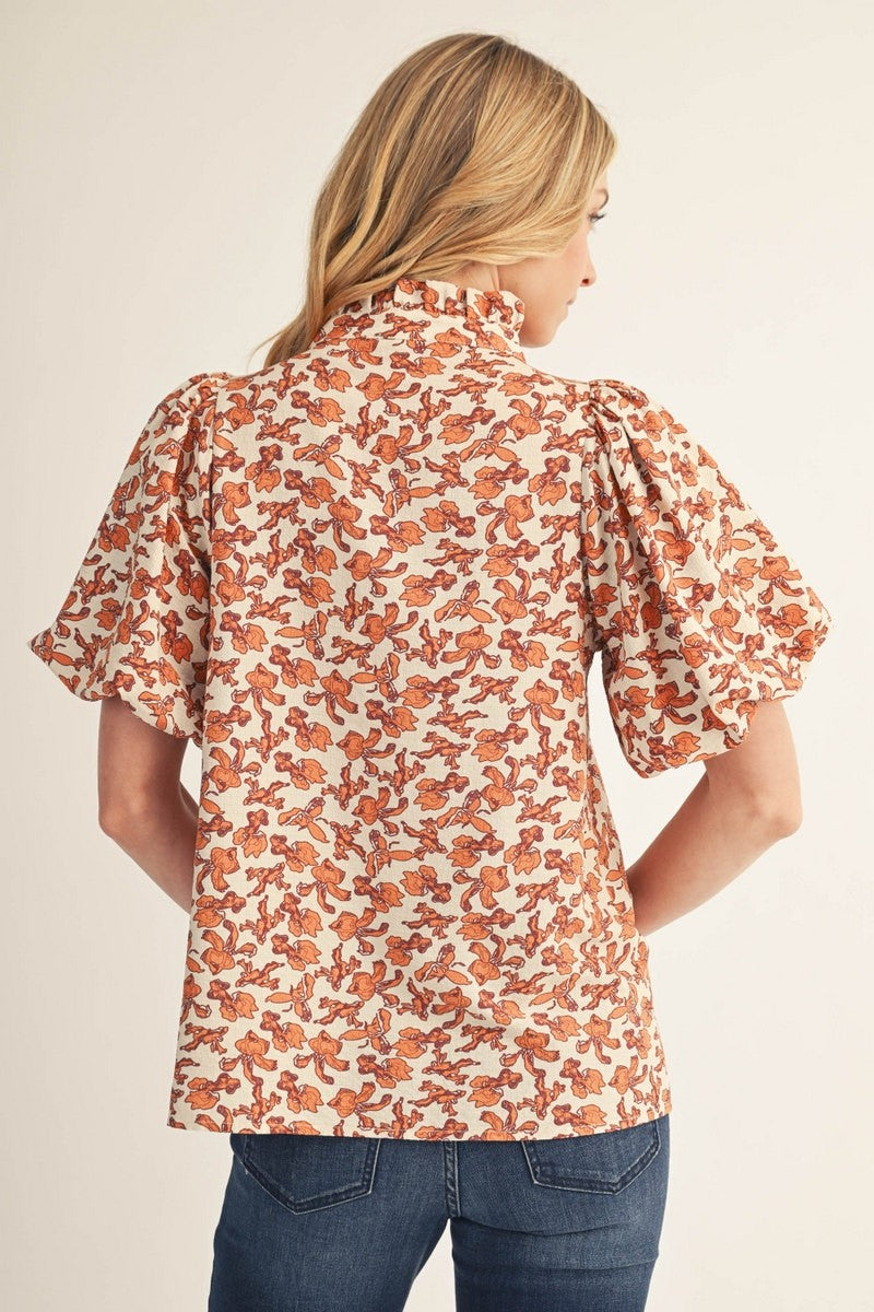 Fall Floral Piped Yoke Puff Sleeve Top-Toffee