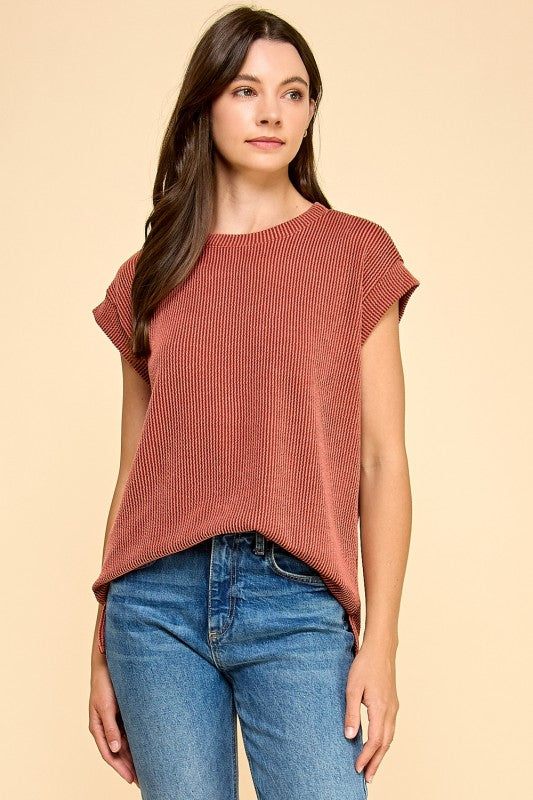 Solid Ribbed Slay Sleeve Top-Fall