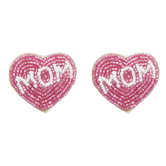 Mom Heart Seed Bead Post Earring-Pink
