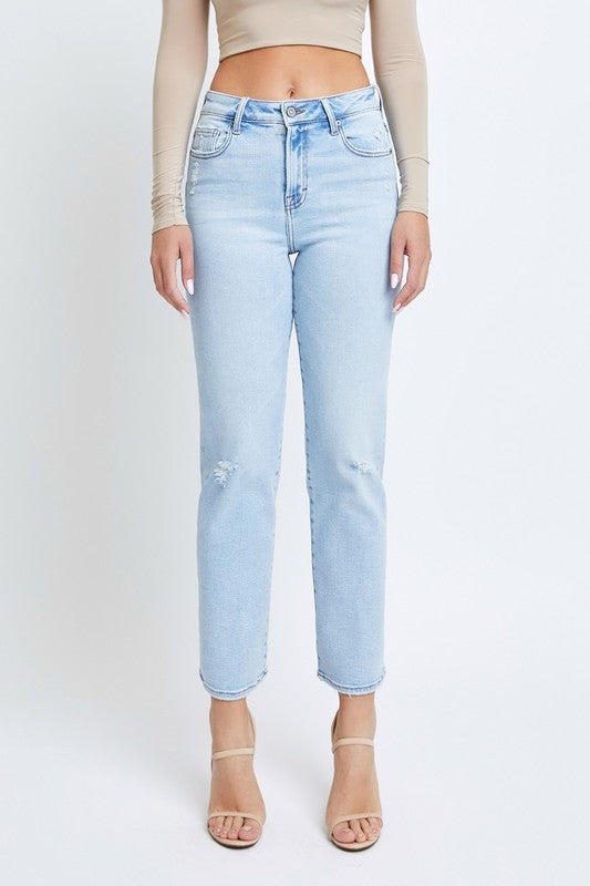 High Rise Grinded Hem Straight Denim - Light Wash