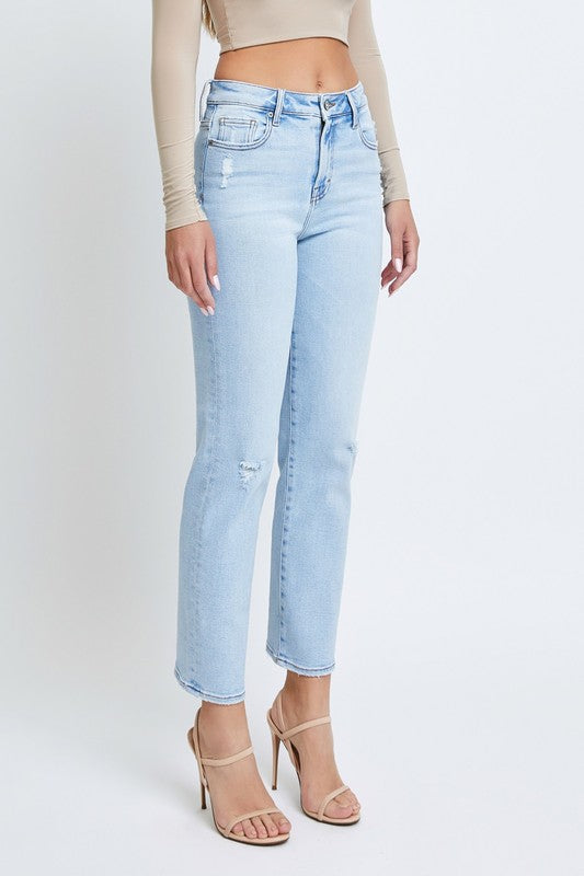 High Rise Grinded Hem Straight Denim - Light Wash