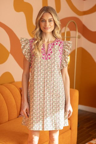 Embroidered V-Neck Ruffle Sleeve Dress