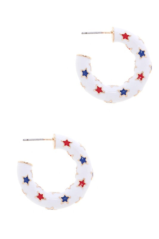 Star Enamel Hoop Earring-Wht