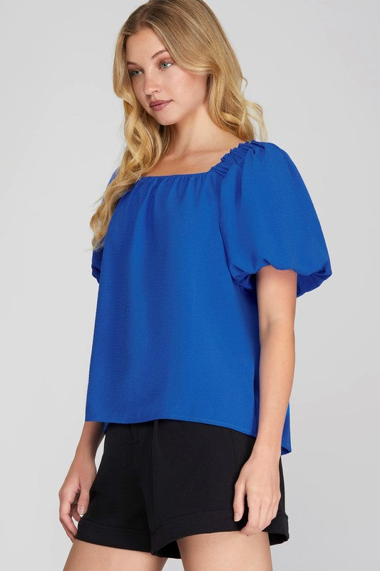 Solid Puff Sleeve Square Neck Top