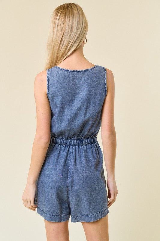 Sleeveless Denim Henley Drawstring Romper-Dark