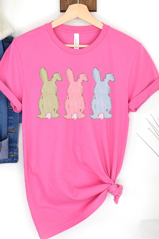 Three Fluffy Tail Bunny Graphic T-Shirt-Pink
