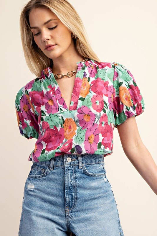 Floral Split Neck Puff Sleeve Top-Mauve