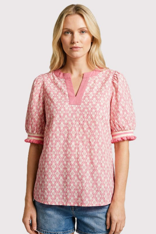 Geo Floral Mandarin Contrast Collar Puff Sleeve Top-Coral