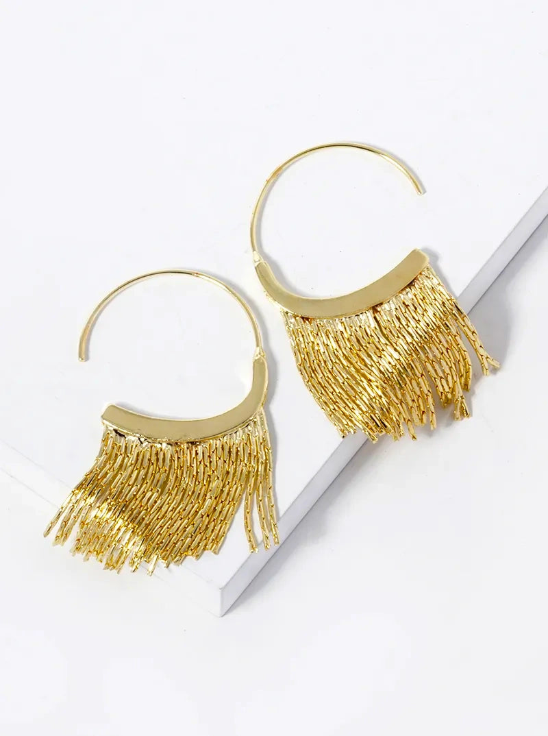 Open Hoop Chain Fringe Earring-Gold