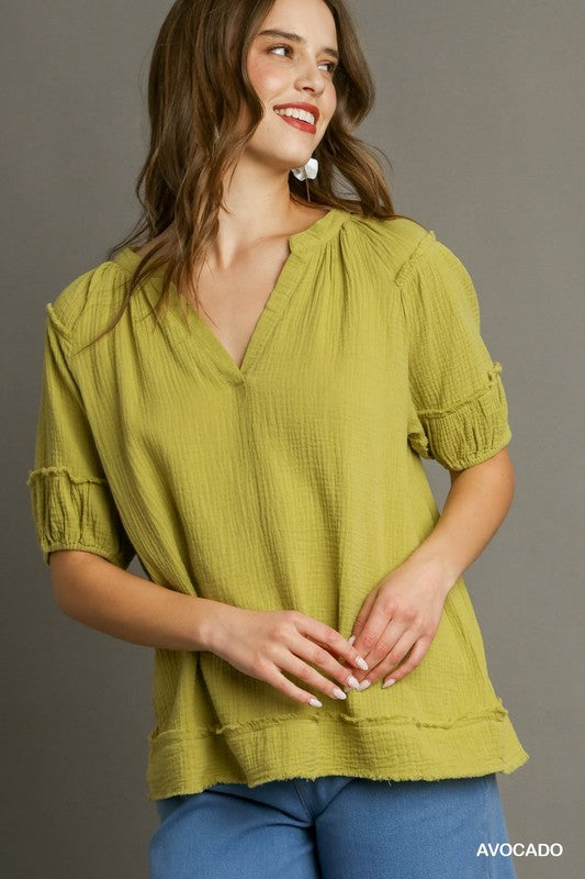 Solid V-Neck Gauze Puff Sleeve Top