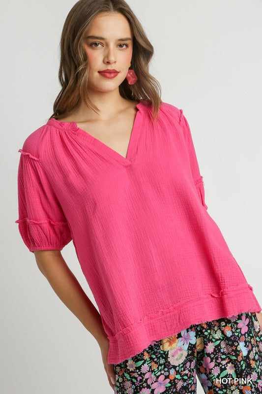 Solid V-Neck Gauze Puff Sleeve Top