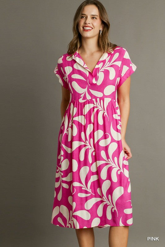 Leaf Print Collared Folded Sleeve Midi Dress -Pink