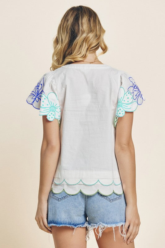 Flower Embroidered Sleeve Scallop Edge Top-Off White
