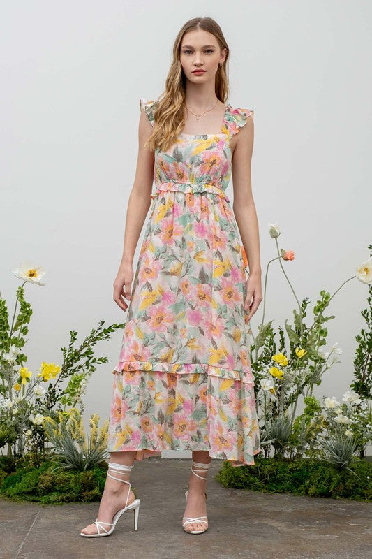 Watercolor Floral Ruffle Strap Midi Dress