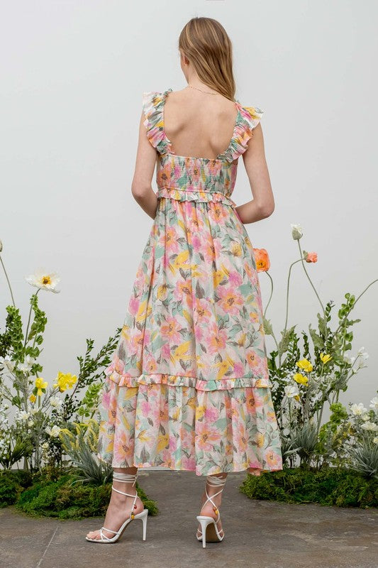 Watercolor Floral Ruffle Strap Midi Dress