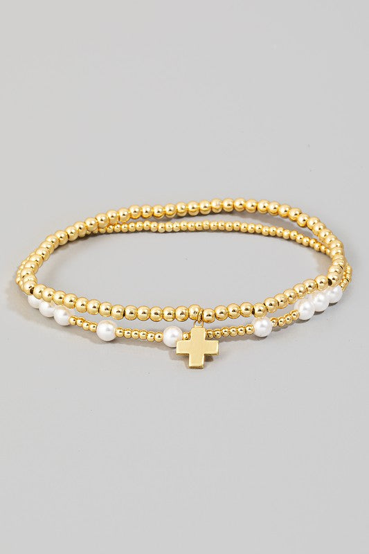 Gold Plated Cross & Pearl Bracelet Set