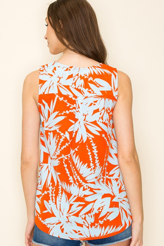 Sleeveless Tropical Floral Print V-Neck Top