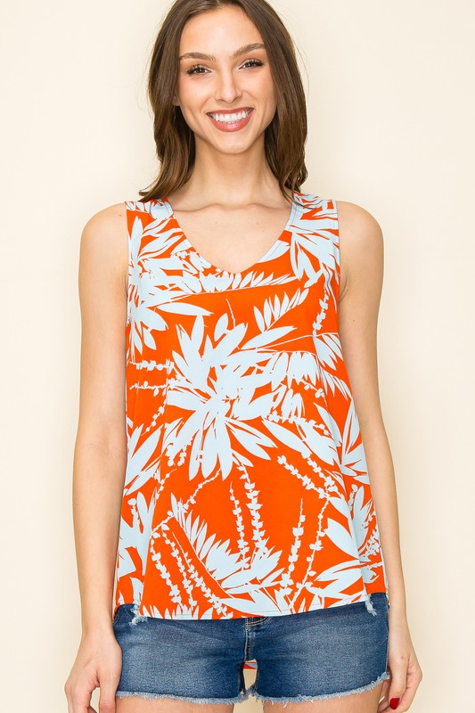 Sleeveless Tropical Floral Print V-Neck Top