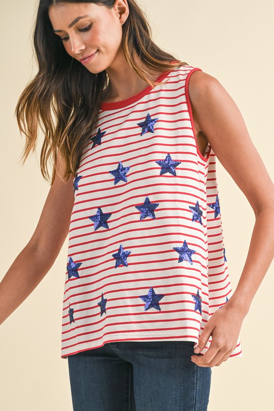 Sequin Star Patched Striped Knit Tank