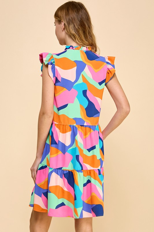 Abstract Print V-Neck Ruffle Sleeve Tiered Dress
