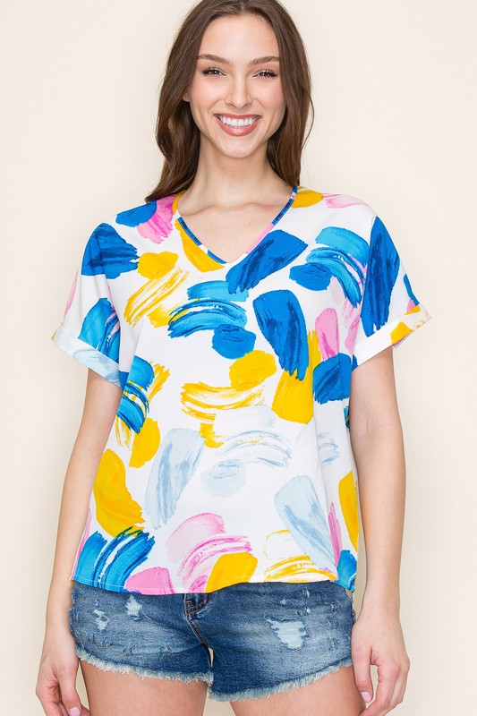 Brush Stroke V-Neck Banded Sleeve Top