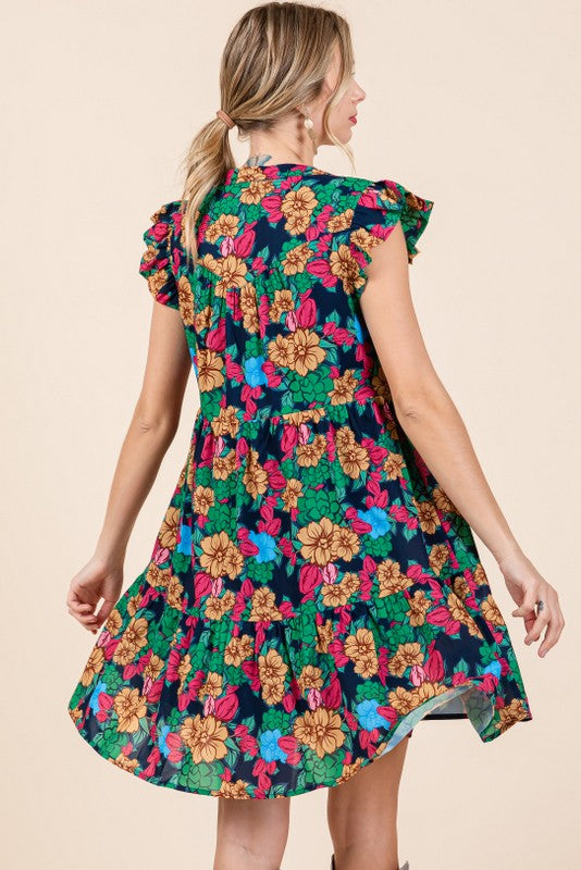 Floral Ruffle Cap Sleeve Dress - Navy