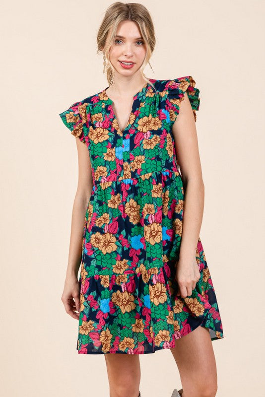 Floral Ruffle Cap Sleeve Dress - Navy