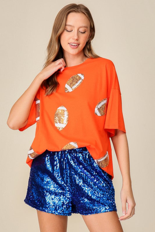 Football Sequin Patch Short Sleeve Top