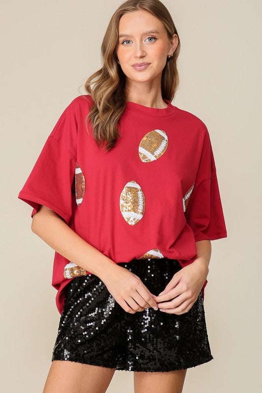 Football Sequin Patch Short Sleeve Top