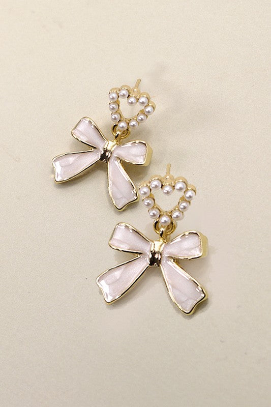 Pearl Studded Heart Enamel Bow Earrings