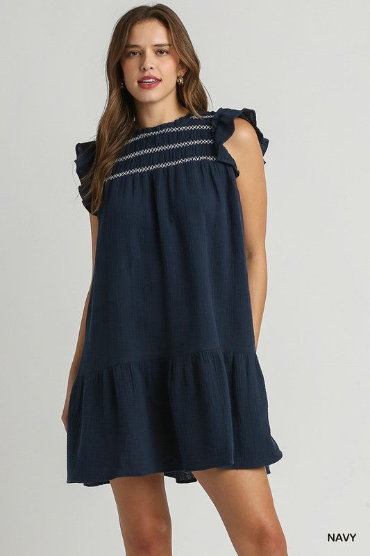 Solid Contrast Stitch Smocked Flutter Sleeve Dress - Navy