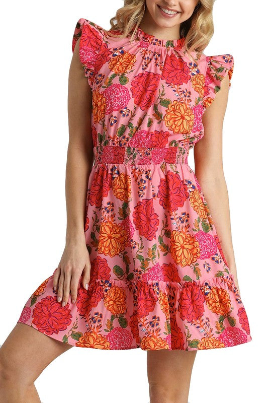 Floral Smocked Waist Cap Ruffle Sleeve Dress - Pink