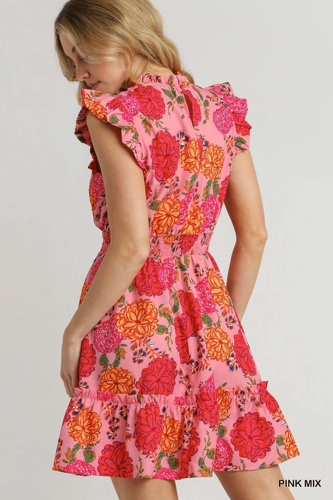 Floral Smocked Waist Cap Ruffle Sleeve Dress - Pink
