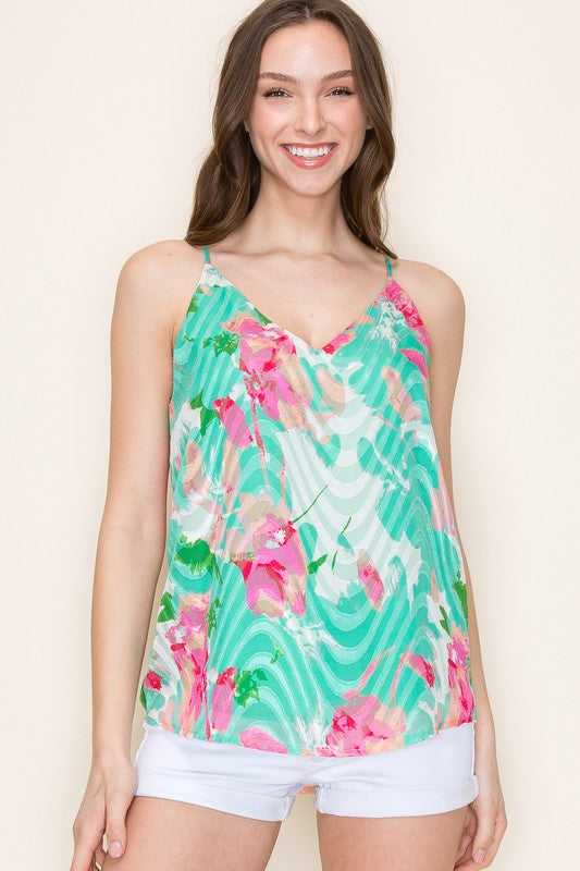 Floral Wave Cami Strap V-Neck Tank Top