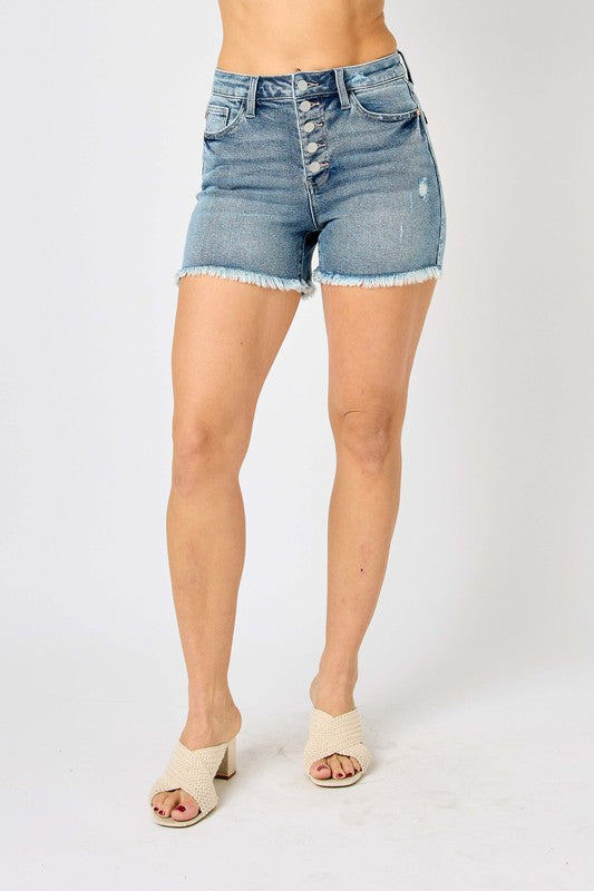 High Waist Button Fly Denim Shorts - Medium