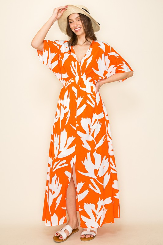 Floral V-Neck Dolman 1/2 Sleeve Maxi Dress-Org