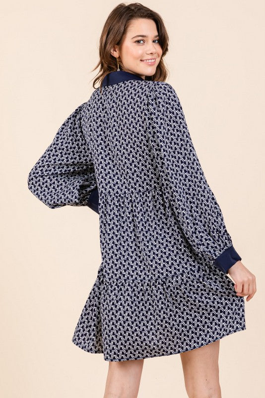 Collared Geo Print Colored Trim Button Up Dress - Navy