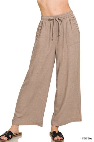 Wide Leg Elastic Waist Linen Blend Pant-Cocoa