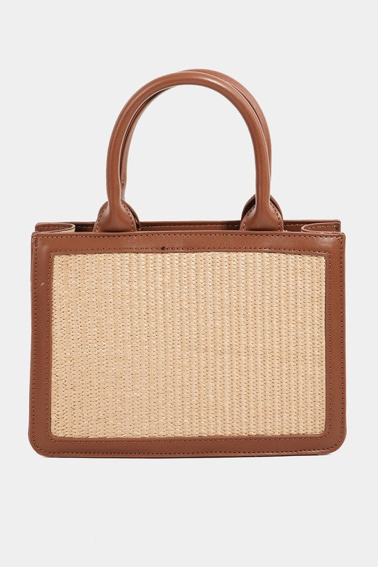 Trimmed Raffia Square Top Handle Handbag