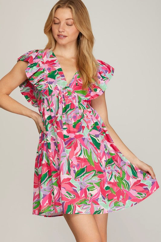 Tropical Print V-Neck Ruffle Sleeve Dress - Fuchsia