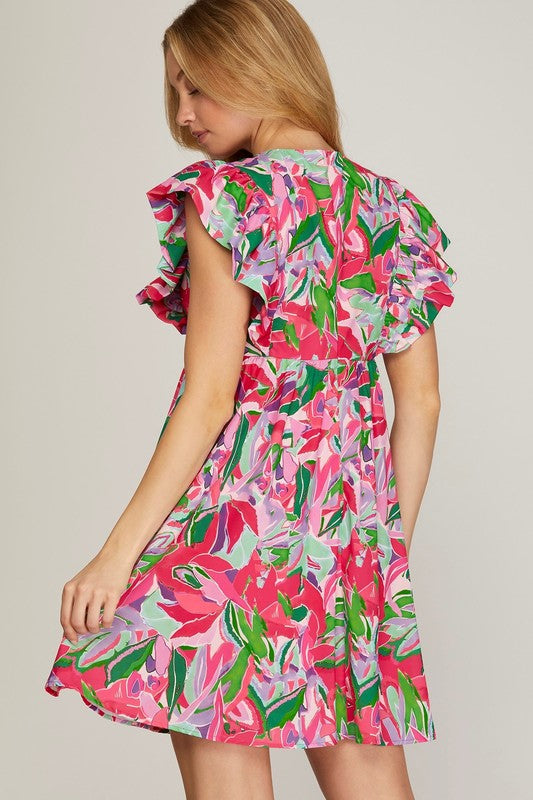 Tropical Print V-Neck Ruffle Sleeve Dress - Fuchsia