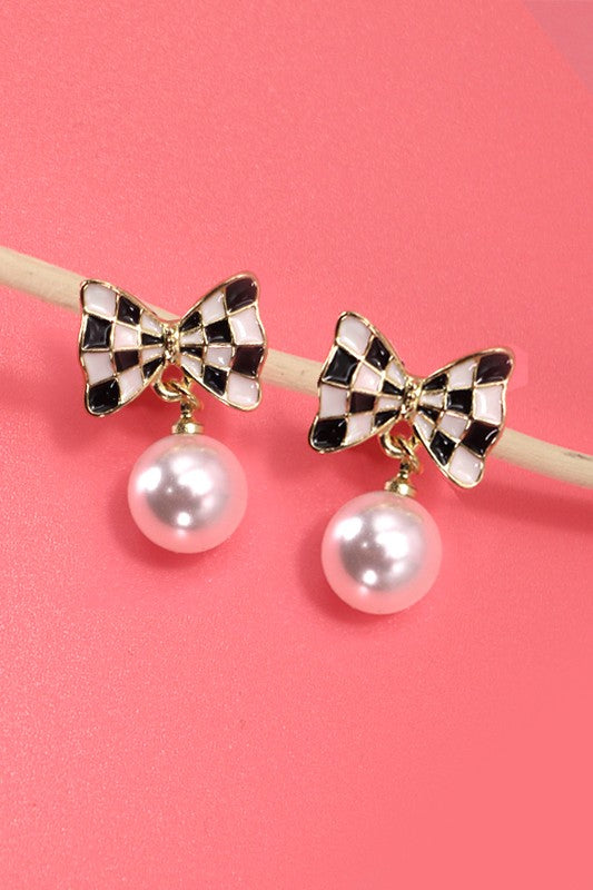 Checkered Bow Pearl Drop Earring-Black