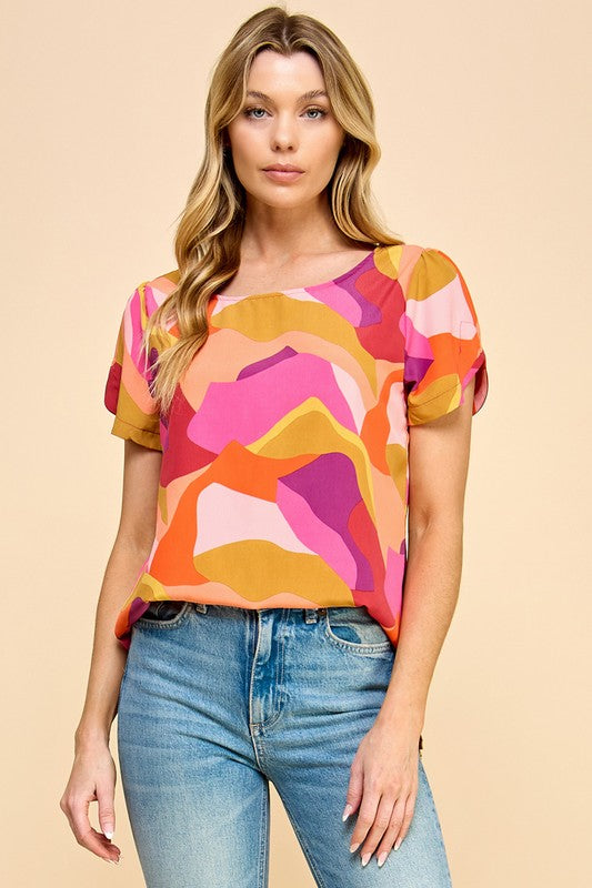 Abstract Print Top W/ Notched Sleeve